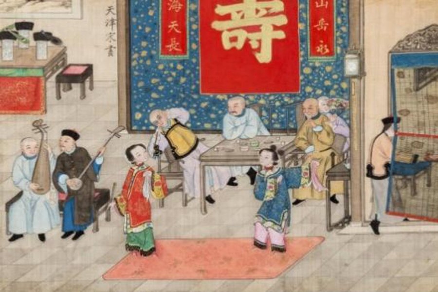 Fête d'Anniversaire : Mandarins, musiciens et danseuses,
Gouache sur tissu, Chine, XIXe, legs Larivière.