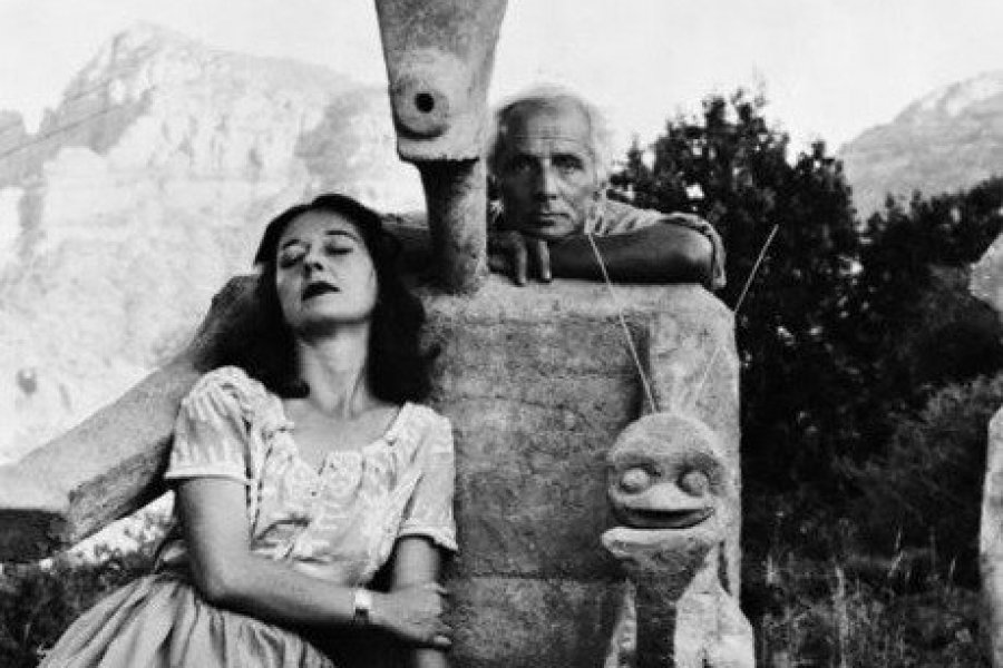 Dorothea Tanning and Max Ernst with his sculpture, Capricorn, 1947 / Photograph by John Kasnetsis