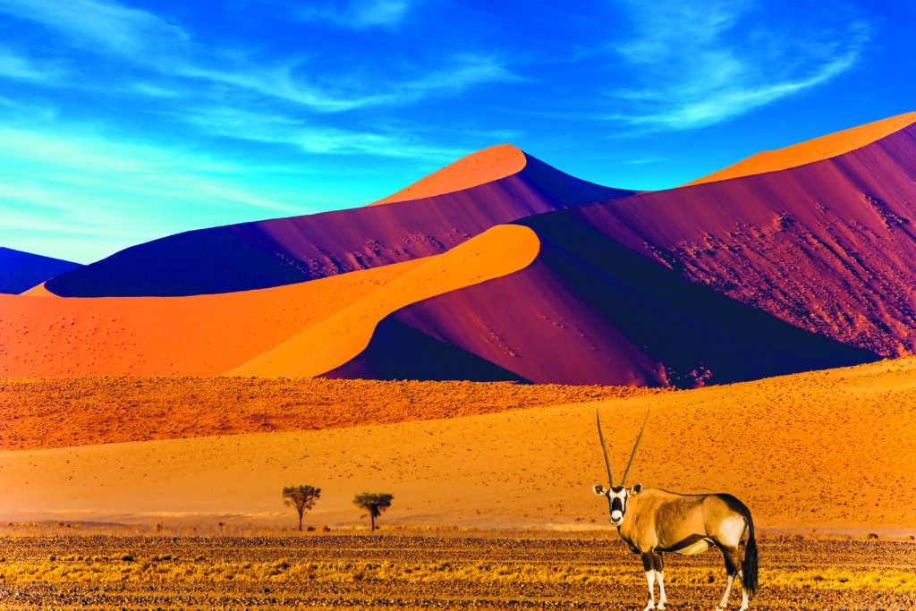 Coucher de soleil dans le désert du Namib. 