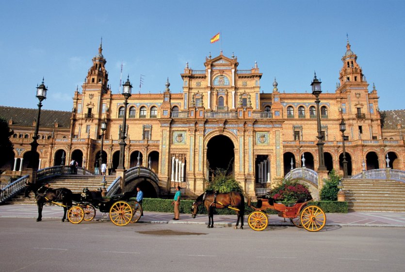 Des visites en calèche de la ville se font depuis la Plaza de España.