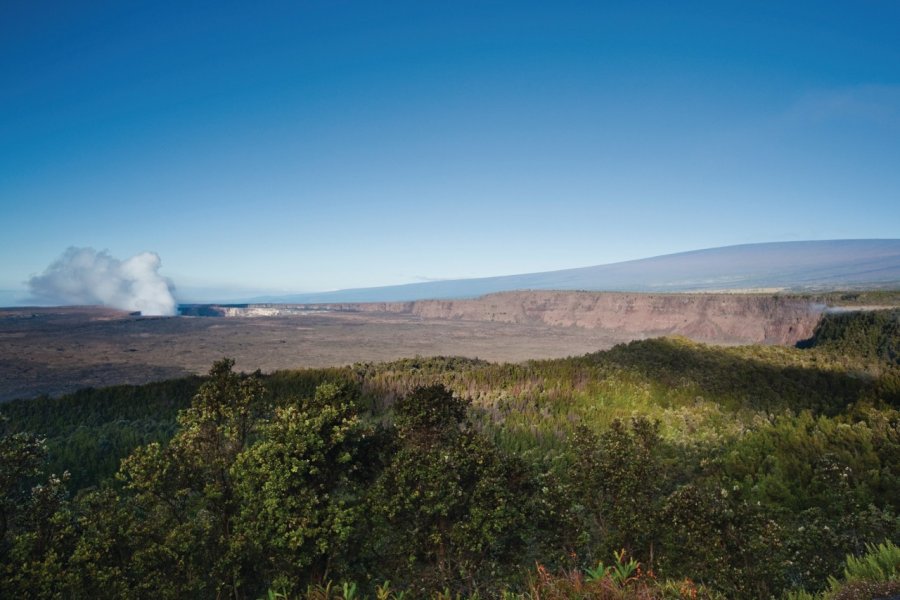 Point de vue sur le cratère Halemaumau et le Mauna Loa. Hawaii Tourism Authority (HTA) / Tor Johnson