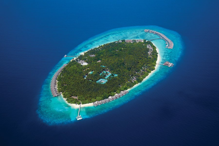 Vue aérienne de Mudhdhoo. Dusit Thani Maldives