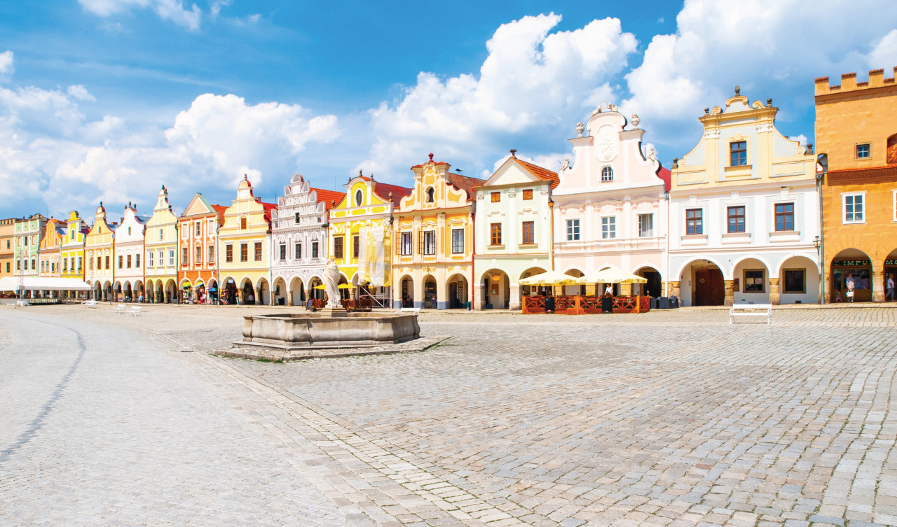 Picturesque renaissance houses on Zacharias of Hradec Square in Telc, Czech Republic, UNESCO World Heritage Site.