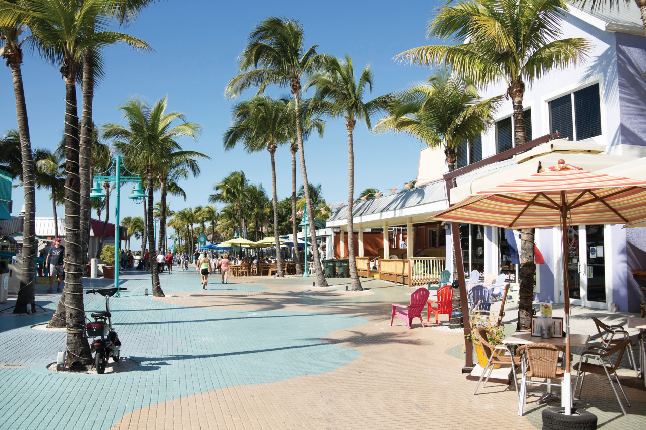 Ft. Myers Beach, Florida, USA - November 30, 2013 : The Times Square area of Ft. Myers Beach looking to the west on the public walking area of Estero Blvd.