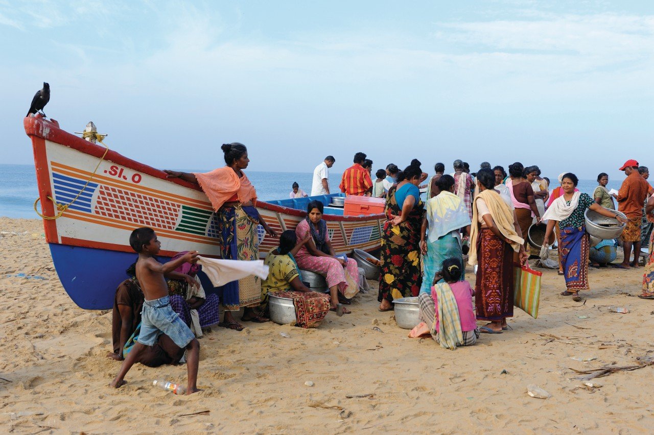 Vente de poisson sur la plage au retour de la pêche