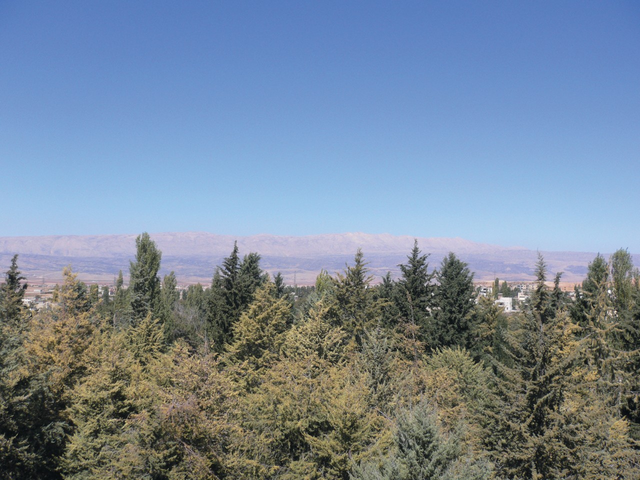 Vue du Mont Liban à partir du Temple de Jupiter, Mur de soutènement et de défense reconstruit par les Ottomans, Baalbek